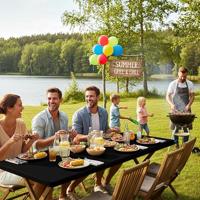 Smiry Rectangle Table Cloth, Waterproof Elastic Fitted Tablecloths for 6 Foot Tables, Washable Polyester Table Cover for Picnic, Camping, Outdoor (Black, 30"x72")