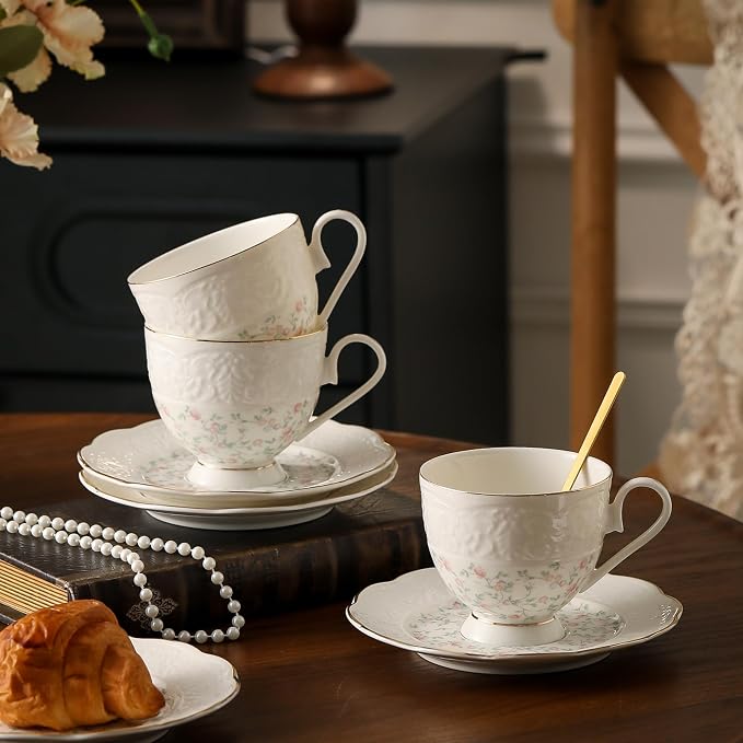 TATSUMI Interglio Embossed Bone China Tea Cup and Saucer Set, 3 Pieces Vintage - Image 8