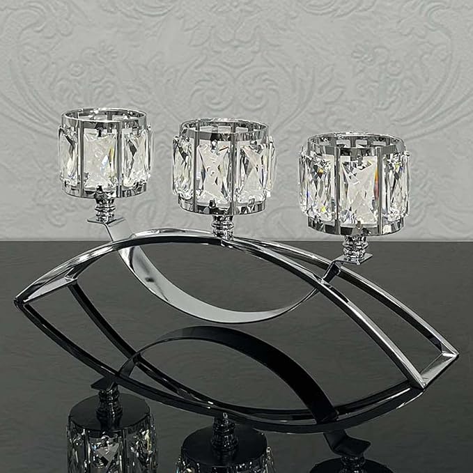 3 Arms Crystal Candle Holders, Arch Candlestick Table Candelabras Centerpieces for Wedding, Dinning Room, Cabinet Ornaments, Home Decoration, Gift (3-arm Arched, Silver)