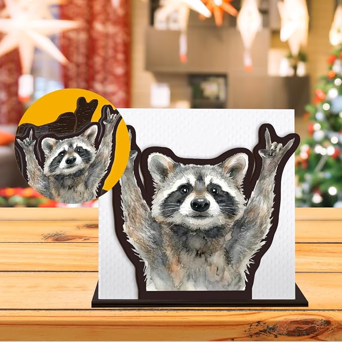 Funny Raccoon Napkin Holder for Table, Cute Raccoon Raising Hands Design Wooden - Image 6
