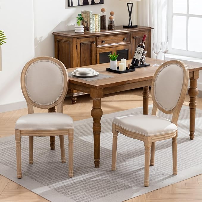 Vintage French Dining Chairs Set of 4, Round Back Accent Chairs with Linen Seat and Solid Wood Frame, Farmhouse Sillas de Comedor Upholstered for Dining Room & Kitchen, Beige