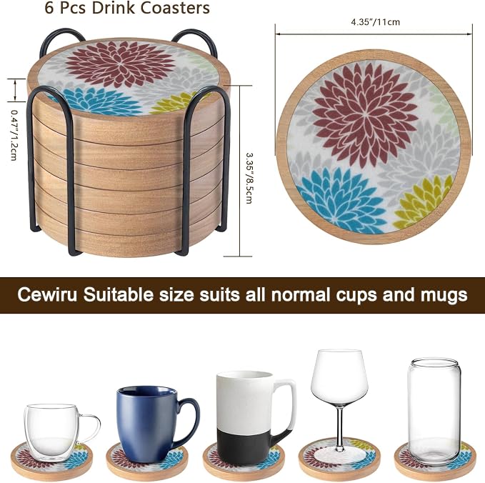 Wood Coasters Set of 6 with Holder, Cewiru Cup Mat - Image 6