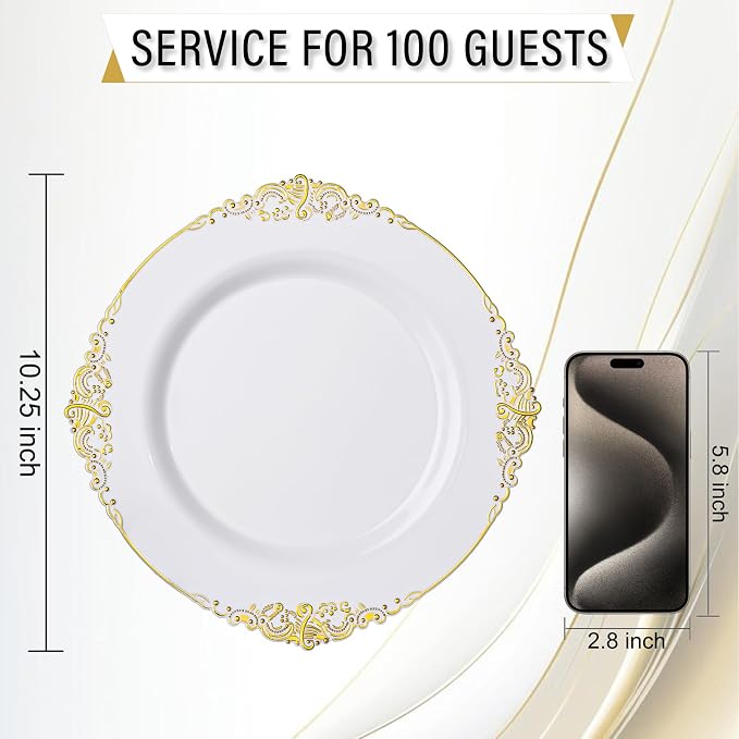 Nervure 100Pcs 10.25'' Gold Plastic Plates, Heavy Duty Disposable Plates - Image 9