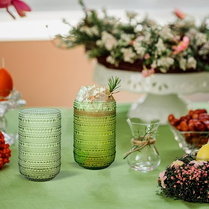 CHLJAR Hobnail Drinking Glasses Set of 6, 14 oz Vintage Glassware Set, Embossed - Image 7