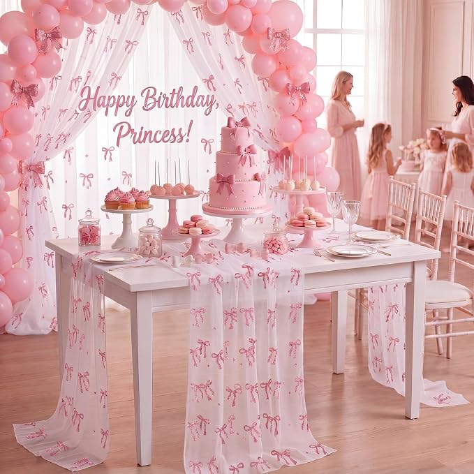 4 Pcs Pink Bow Table Runners 29 x 70 Inch White Tulle Lace Table Runner - Image 6