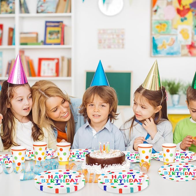 50PCS Birthday Plates and Napkins Party Decorations, 7inch Colorful Dots Happy - Image 7