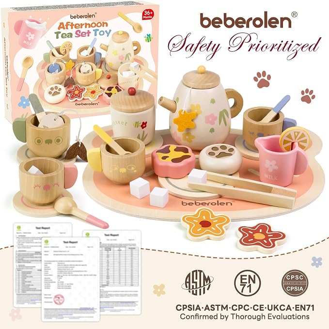 Wooden Tea Set for Little Girls Birthday Gift 3 4 5 Year Old Tea Party | - Image 7