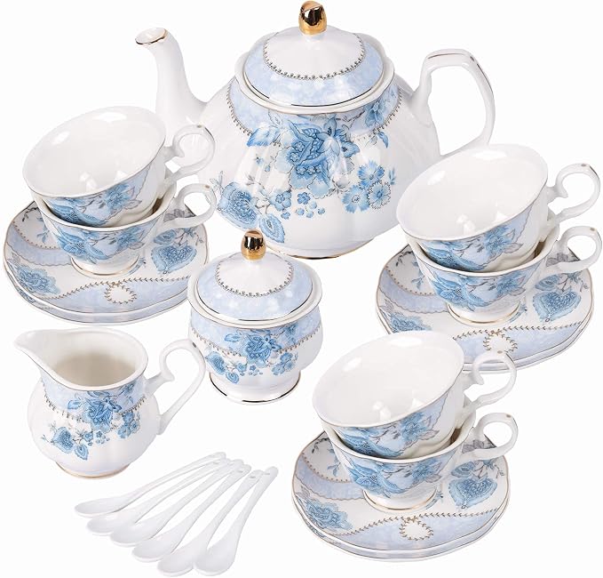 fanquare Blue Flowers Porcelain Tea Set, Tea Cup and Saucer Set Service - Image 9