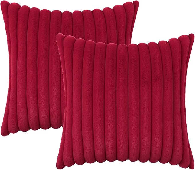 decorUhome Cozy Faux Fur Spring Throw Pillow Covers 16x16 Set of 2 Decorative Soft Plush Striped Modern Farmhouse Boho Couch Pillow Cases with Velvet Back for Sofa Bed Living Room, Red