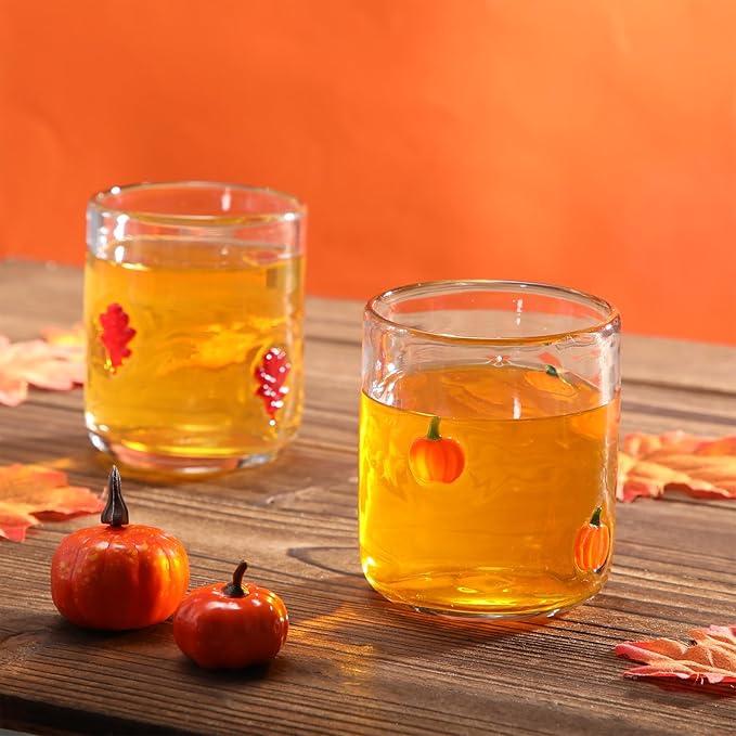 SiliFine 2 Pcs Fall Icon Juice Glasses - 14oz Maple Leaf and Pumpkin Pattern - Image 8