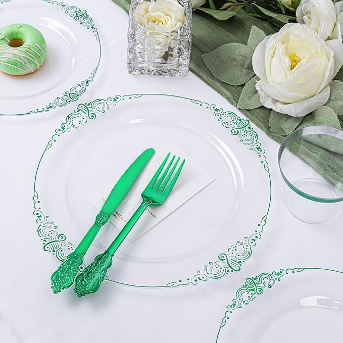 175 Pcs Clear Green Plates for Party | Green Party Plates Set for 25 Guests - Image 9