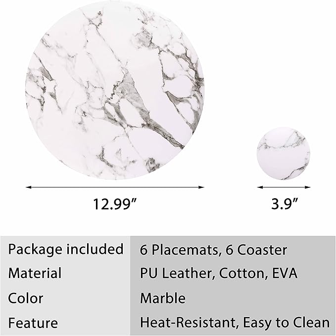 Set of 6 Marble Round Placemats and Coasters, Faux Leather Waterproof Table Mats - Image 7