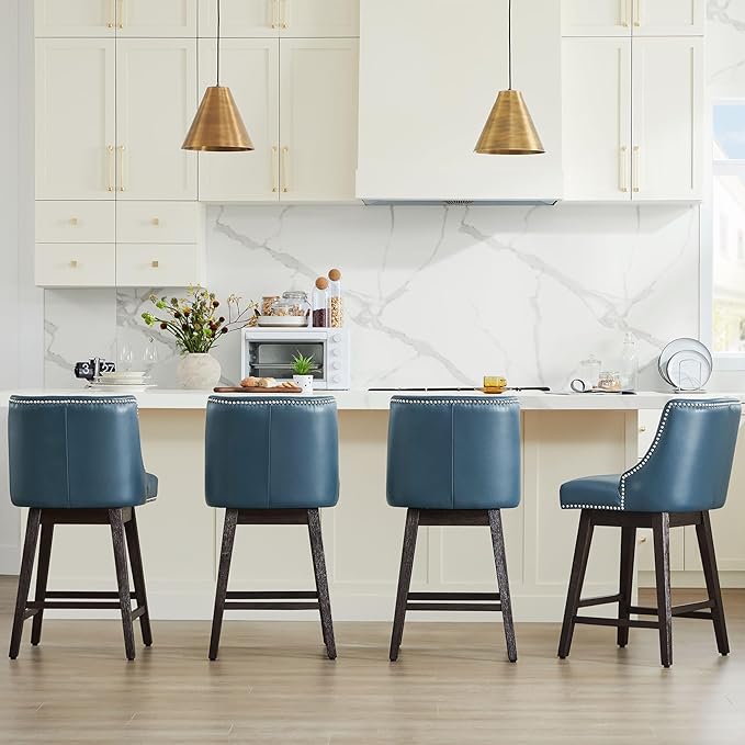 CHITA Counter Height Swivel Bar Stools Set of 4, FSC Certified Upholstered Counter Stools, Modern Swivel Barstools with Wood Legs for Kitchen Island, 26" Seat Height, Faux Leather in Blue