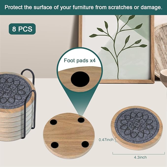 Wood Coasters for Drinks Set of 8, Minacun Absorbent Coaster, Drinks Coasters - Image 6
