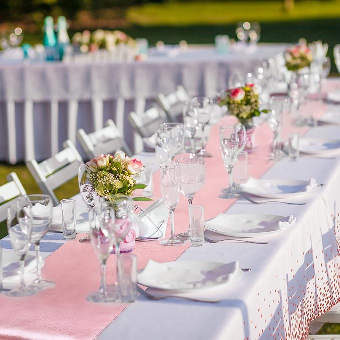 24 Packs Rose Gold and White Disposable Tablecloths and Satin Table Runner Set - Image 6