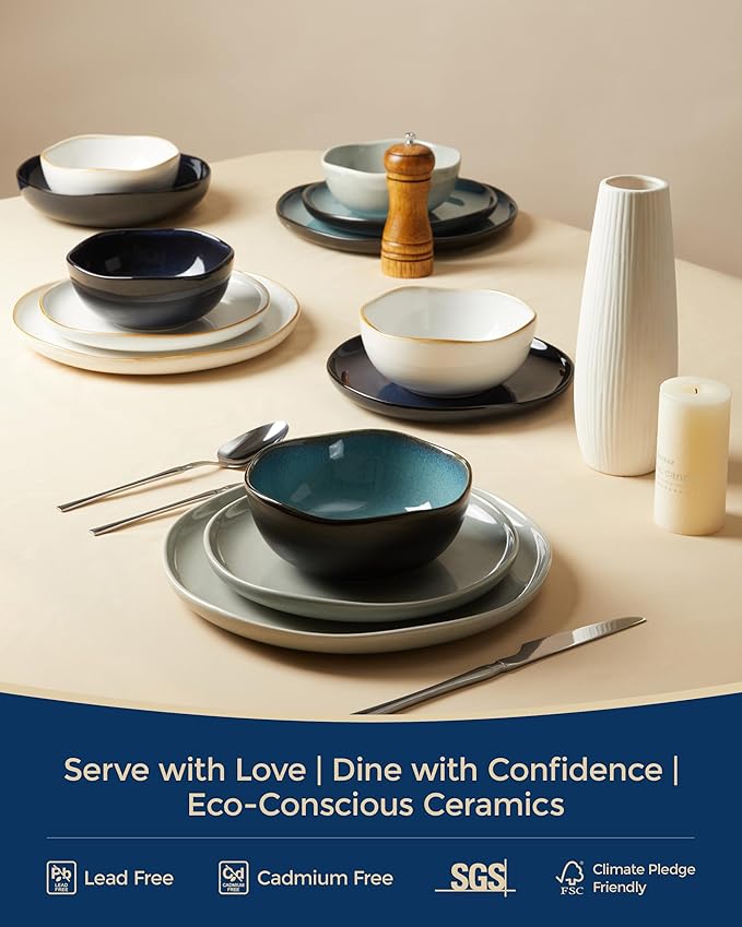 Stoneware Pasta Bowls Set of 6, 8.26" Large Serving Bowls, Chip Resistant Plate Bowls, Salad Serving Bowl for Lunch, Unique Irregular Look, Starry Blue