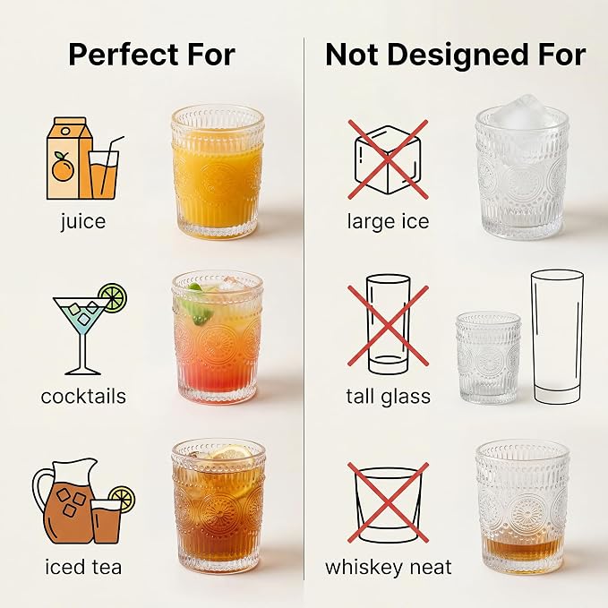 Kingrol 6 Pack SMALL 9 oz Drinking Glasses, Vintage Embossed Tumblers - Image 7
