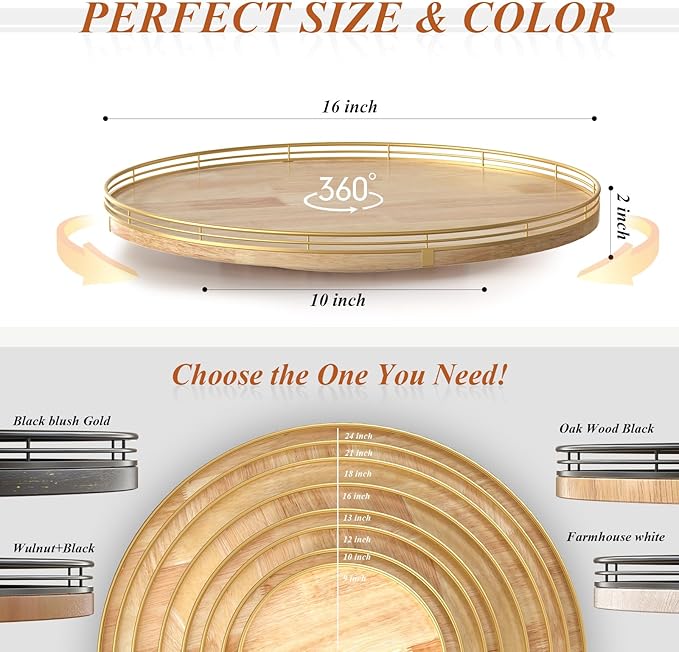 16 Inch Rustic Lazy Susan Turntable – Solid Oak & Iron Wood Rotating Tray for Dining Table, Kitchen Counter, Coffee Table – Farmhouse Style Large Wooden Lazy Susan Organizer for Home Décor