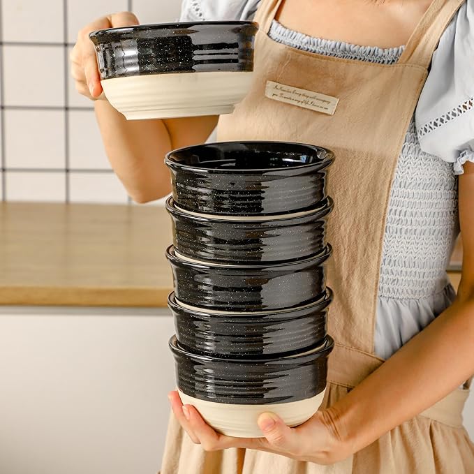 HASENSE Ceramic Cereal & Soup Bowls Set of 6, 20 Oz Black & Beige Stackable - Image 7