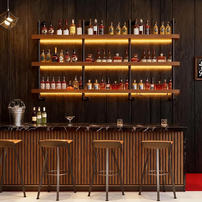 39.7in Large Wine Rack with LED Light Solid Wood Wall Mounted Wine Rack, 3-Tiers Liquor Bottles Floating Shelves Display Storage Organizer for Home Bar & Dining Room (100cm/39.7in)