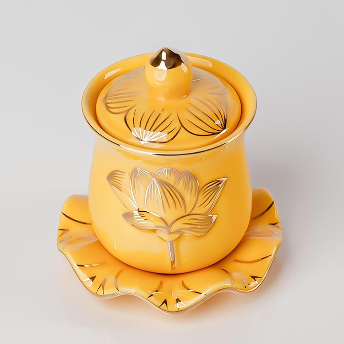 QINLANG Yellow Buddha Water Cup, Ceramic Holy Water Offering Cup - Image 6