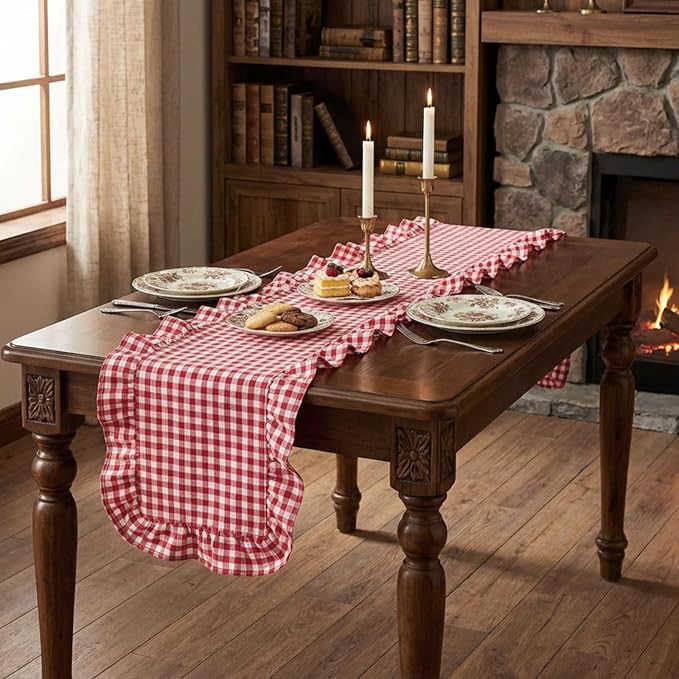 HunnmingRe 1 Pc Gingham Table Runner Red, 118 X 13.8 Inch | Cotton Dresser Scarf - Image 9