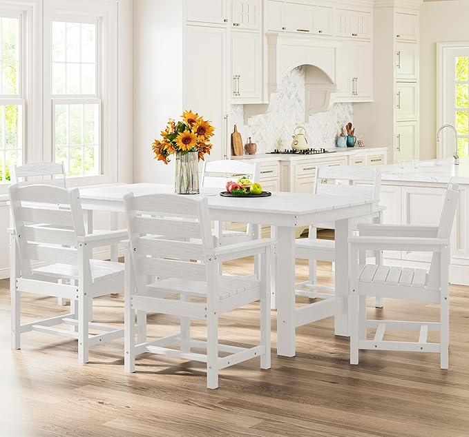 SERWALL Dining Table Chairs Set for 6,67" Extended Large Dining Table with 6 Chairs, 7 Piece HDPE Dining Set for Home, Kitchen, Dining Room, White
