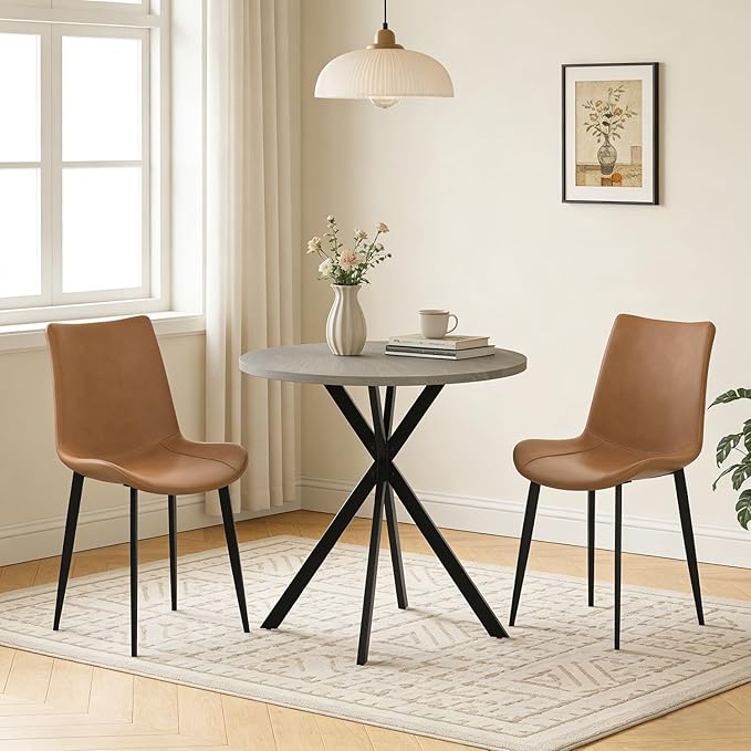 31.5" Round Dining Table and Chairs Set for 2, Small Dining Table Chairs Set Space-Saving, Small Dinette Sets for 2 for Kitchen Dining Room Apartment(Gray Table +Brown Chairs)