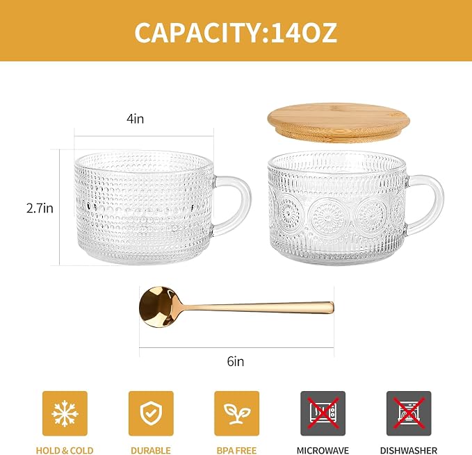 Vintage Coffee Tea Cups, 14 oz Glass Tea Coffee Mugs - Image 6