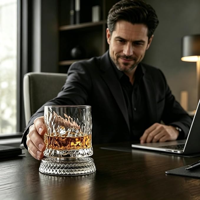Spinning Whiskey Glass with Large Ice Ball Mold, 360° Rotating Crystal Rocks - Image 7
