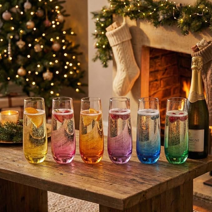ColoVie Stemless Champagne Flutes set of 6, Colored Bar Glassware, Cocktail | - Image 9