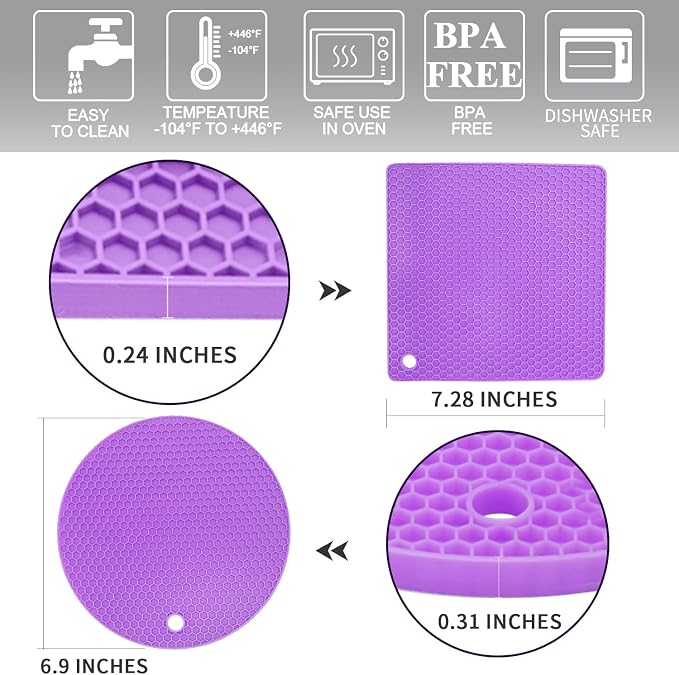 Silicone Silicone Trivet for Hot Dishes, 4 Pack Purple Heat Resistant Silicone - Image 7