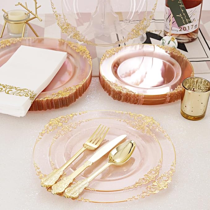 175 Pcs Pink Gold Plates for Easter | Pink Party Plates Set for 25 Guests - Image 9