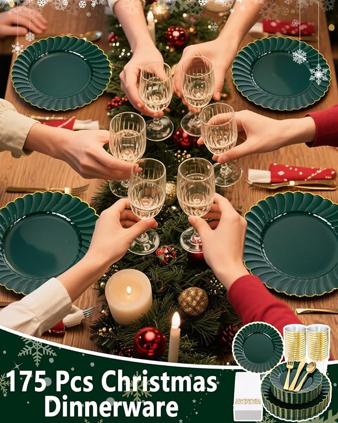 YOUBET 175PCS Green Scalloped Plastic Plates - Image 9