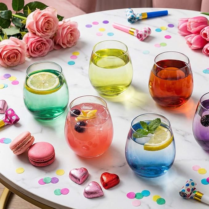 ColoVie Stemless Wine Glasses set of 6, Colored Cocktail Cups, Party Glass | - Image 9