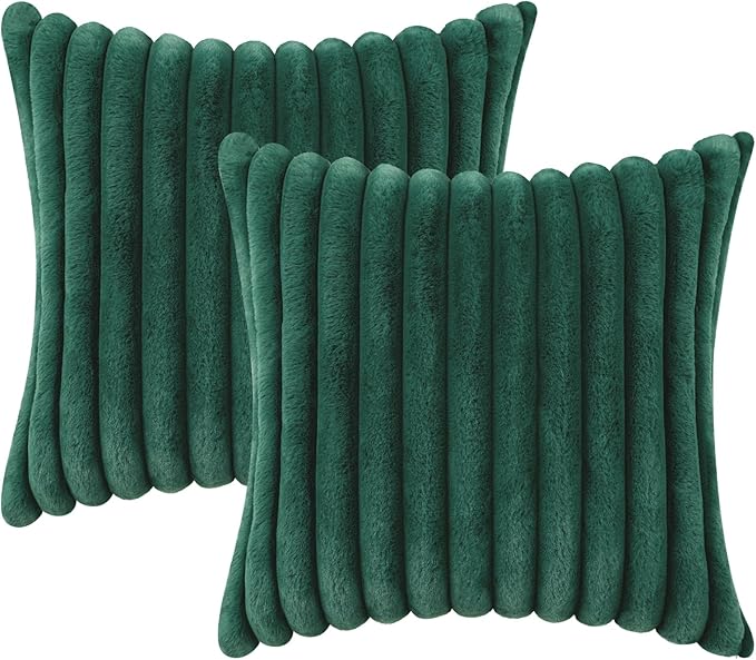 decorUhome Cozy Faux Fur Spring Throw Pillow Covers 16x16 Set of 2 Decorative Soft Plush Striped Modern Farmhouse Boho Couch Pillow Cases with Velvet Back for Sofa Bed Living Room, Christmas Green