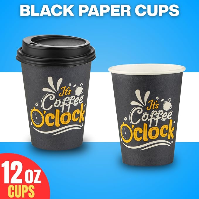 Disposable Coffee Cups with Lids, To Go Paper Hot Cups, Coffee O'Clock Design - Image 6