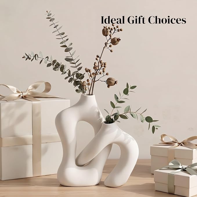 Dowan White Vases for Decor, Hollow Ceramic Vase Set of 2, 8.3" Nordic Modern - Image 8