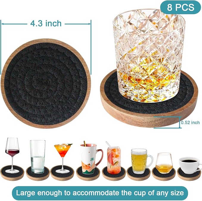 Eykao Wood Coasters for Drinks, Absorbent Coaster Sets of 8, Woven Drink - Image 6