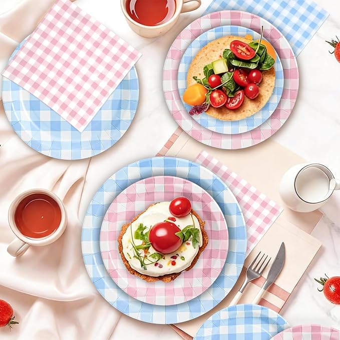 180Pcs Pink Blue Gingham Party Supplies Paper Plates and Napkins Serve 60 | - Image 7