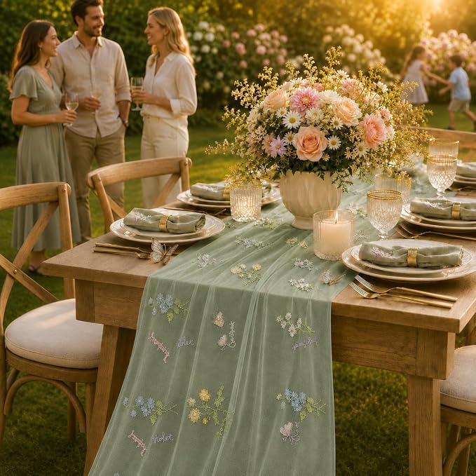 Wildflower Tulle Table Runner Butterfly Floral Wedding Party Home Decor | Sage - Image 6