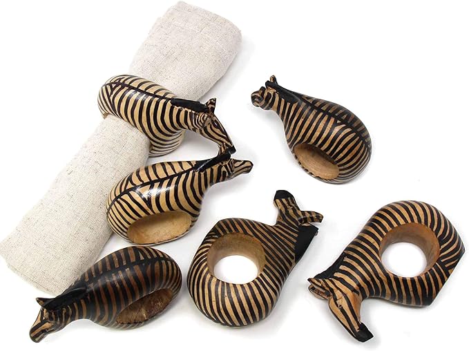 KWF012 Z - Handcarved Mahogany Napkin Ring Holders - Zebra Set of 6 - Image 4
