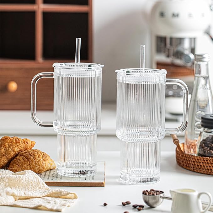 INSETLAN 26oz Ribbed Glass Tumbler with Handle & Lid – 4-Pack Large Iced Coffee Cups with Straws, Modern Glass Mug for Cold & Hot Beverages, Aesthetic Travel Cup for Smoothies, Tea, and Juice