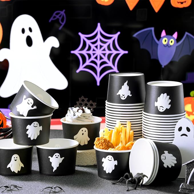CHENGU 60 Pcs Halloween Snack Cups 9 oz Disposable Ghost Paper Ice Cream Bowls - Image 7