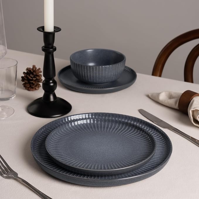 Famiware Ceramic Plates and Bowls Sets, Reactive Glaze Ribbed Dishes - Image 7