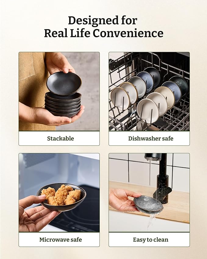 famiware Ocean Soy Sauce Dishes of 6, Oval Dipping Sauce Cups/Bowls for Kitchen, 2.1oz Ceramic Small Bowls for Side Dish, Appetizers, Snacks, and Sushi, Reactive Glaze, Dishwasher Safe, Matte Black