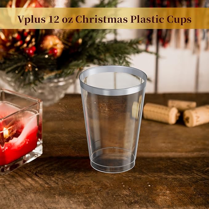 Vplus 150 Pack 12 OZ Silver Rimmed Disposable Plastic Cups - Image 8