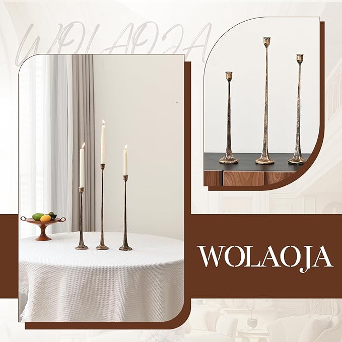 Set of 3 Candle Stick Holders, Iron Antique Gold Candlestick Holders, Fits 3/4 inch Thick Candles, Tapered Candle Holders Tall Set for Dining Table, Wedding, Home Decoration