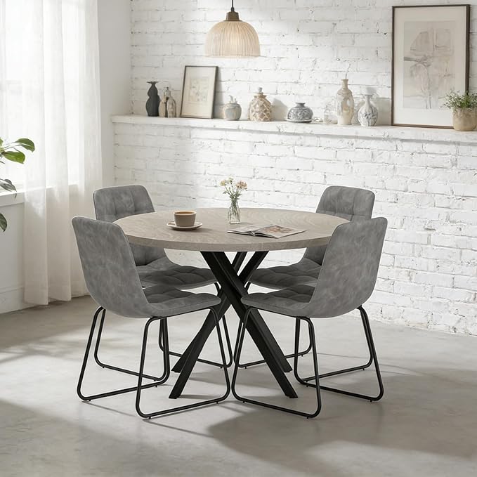 44" Round Dining Table with Cozy Chair Set for 4, Modern Mid-Century Dining Table Set of 4, Dinette Sets with Metal Leg for Kitchen Dining Room Apartment(Gray Table + Gray Chairs)