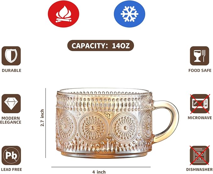 Gezzeny Vintage Coffee Mugs 14 Oz Set of 2 Amber Embossed Glass Tea Cups - Image 7